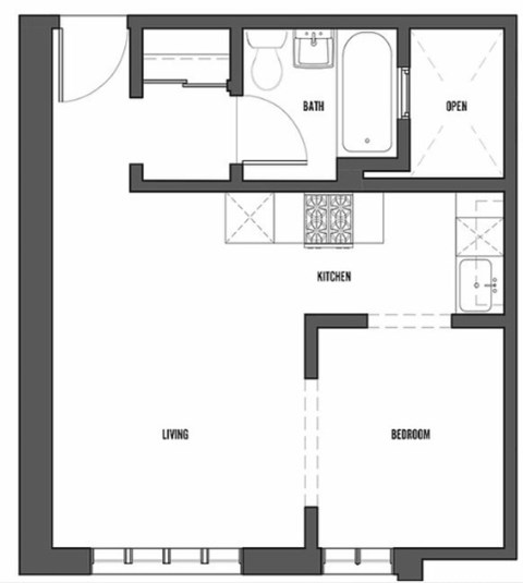 Floor plan for 1 bed, 1 bath, 550 sqft